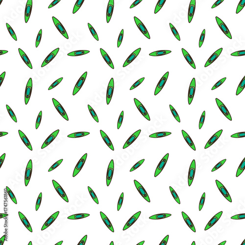 doodle pattern of shows a green kayak with a dark brown outline, featuring a teal cockpit area with a darker teal rim.