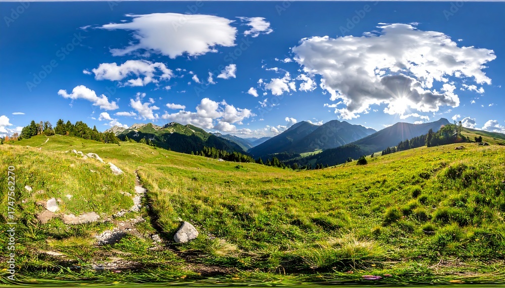 Naklejka premium Panoramic view of a lush green meadow, mountains, and blue sky with clouds