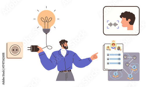 Man plugs cord to illuminate lightbulb while pointing at data concepts thumbs up voice recognition, leaderboards, and digital ranking. Ideal for innovation, creativity, technology, leadership