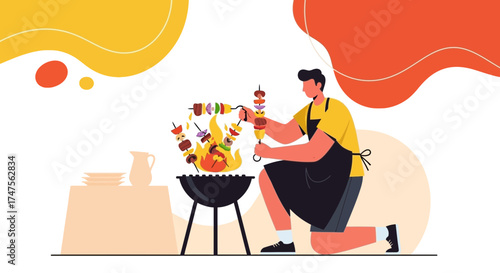 Preparing Delicious Skewers and Enjoying Summer's Vibrant Colors During Outdoor Grilling