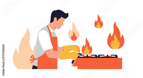 Preparing Dinner On A Gas Stove, Illustrating Flat Design Style Conceptual Visualization