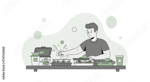 Preparing Fresh Meals: Man Arranging Food Containers with Healthy Ingredients Illustrated Design