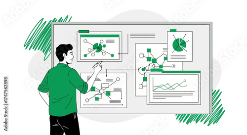 Person presenting and analyzing infographics on a whiteboard during a business meeting