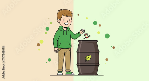 Person Recycling Food Waste in a Compost Bin, Promoting Environmental Consciousness Illustration