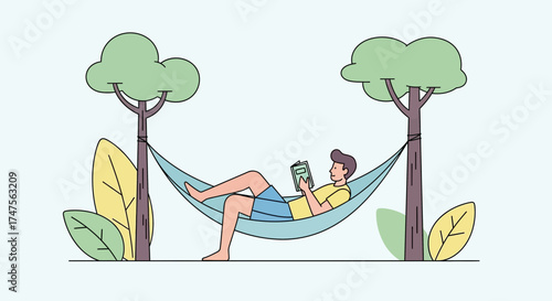 Person Relaxing In Hammock With Book Amongst Nature's Embrace Illustration