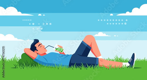 Person Relaxing In The Grass, Enjoying A Refreshing Beverage On A Sunny Day
