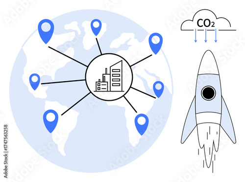 Blue-pinned locations connected to a factory on a global map, CO2 emissions cloud, and rocket launch. Ideal for sustainability, innovation, technology, industry, global impact, environment progress