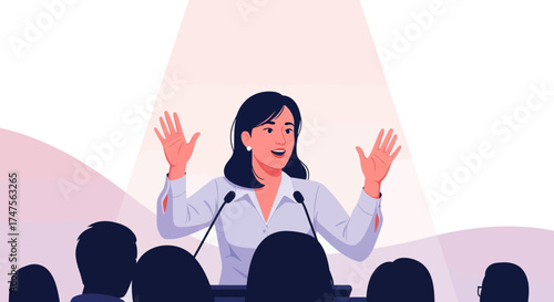 Presentation illustration depicts a woman speaking at conference or business event