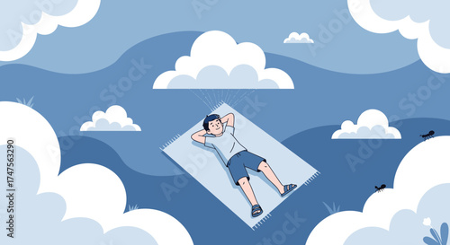 Person Relaxing Under A Cloud On A Blanket, Beautiful Scene Of Leisure, Dreaming