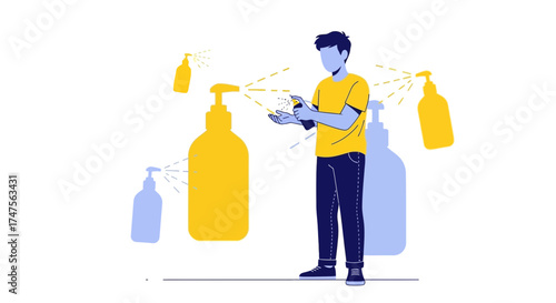 Person Sanitizing Hands Surrounded by Dispenser Images Demonstrating Cleanliness Protocol