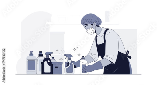 Person Sanitizing With Spray Bottle And Cleaning Agents For Sterilization Purposes.