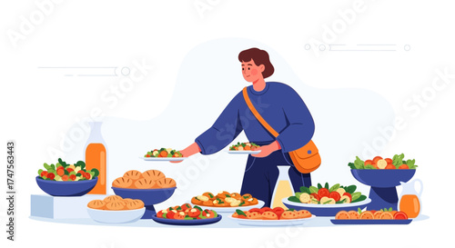 Person Selecting Food From a Buffet: A Colorful Vector Illustration of a Meal