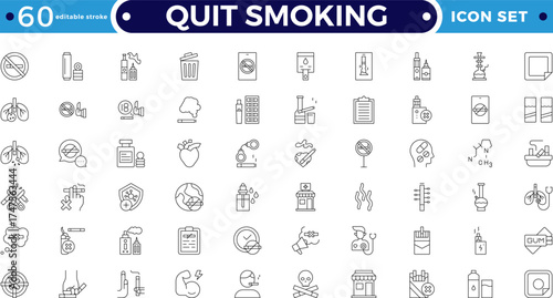 Quit Smoking outline icons. Includes stop, no smoking, tobacco, nicotine, addiction, danger, cancer, and health risk pictograms. Editable stroke outline icon. 