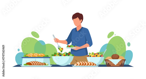 Person Serving Food At A Buffet, Concept Of Gathering And Freshness, Flat Illustration