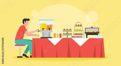 Person Serving Juice At An Event With Snacks On A Table In Bright Yellow Background