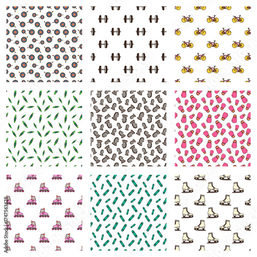 doodle pattern set of archery target, dumbbell, road bike, kayak, chess knight, boxing glove, inline skate, skate board, ice skate