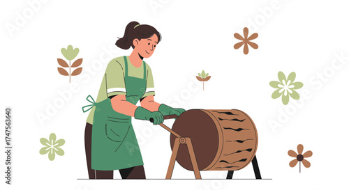 Person Turning Compost Barrel Outdoors For A Sustainable Gardening Process