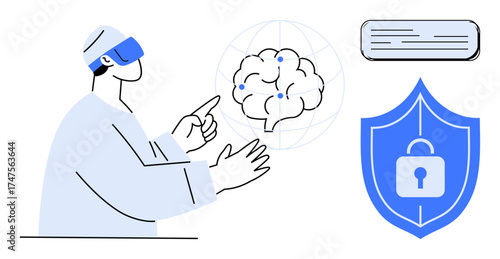 Person with VR headset interacting with digital brain, shield with lock, and text interface. Ideal for AI, cybersecurity, innovation, privacy, VR technology digital transformation. Simple flat