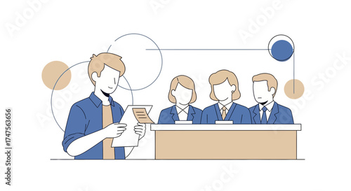 Presentation or speech to an audience, business meeting concept shown to the panels