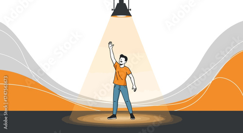 Person Under Spotlight Raising Hand Vector Illustration on Abstract Orange Background