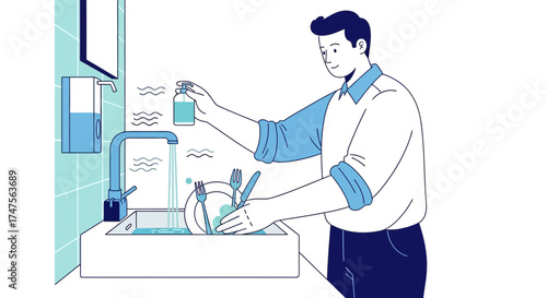 Person Washing Dishes in Kitchen: Daily Routine Tasks Depicted in Vector Illustration