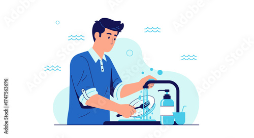 Person Washing Dishes: Modern Vector Illustration of Daily Chores and Household Tasks