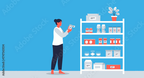 Pharmacist Examining Medication Packages in a Well-Stocked Pharmaceutical Storage Room