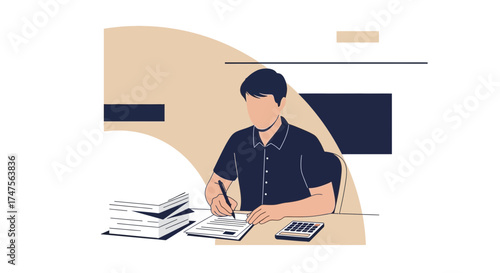 Person Working On Paper With Calculator, Studying And Doing Important tasks