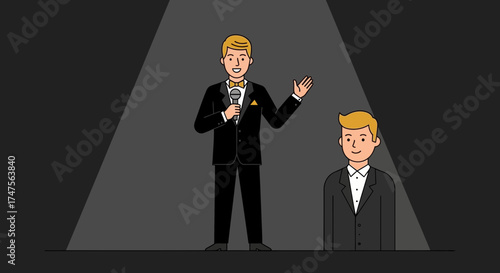 Presenter Addressing Audience Under The Stage Spotlight In Tuxedo On Dark Background
