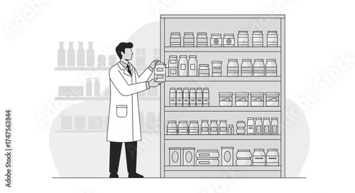 Pharmacist examining medicine bottles standing near pharmacy shelves vector illustration