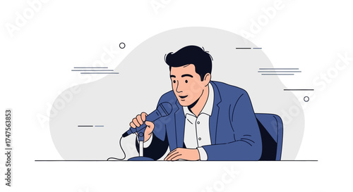 Presenter Addressing Audience Through Microphone in Clean Illustration Style Presentation