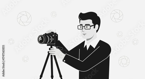 Photographer Concentrated On Taking Photos With Studio Equipment And Trendy Style