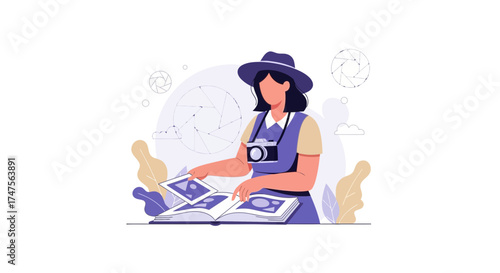 Photographer Examining Photos In An Album Against Abstract Background Illustrated Design