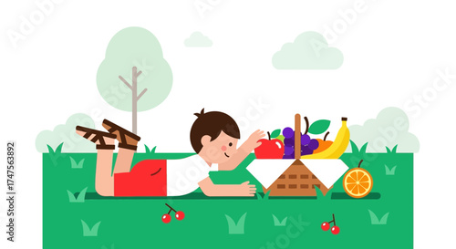 Picnic Fun: A Youngster Reaches for Fresh Fruits on a Sunny Countryside Day