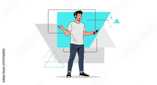 Presenter Demonstrating a Presentation with a Headset and Remote against Geometric Elements