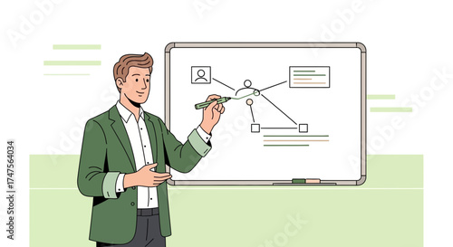 Presenter Explaining A Strategy Diagram Drawn On A Whiteboard During A Presentation