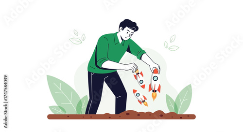 Planting Future Success: Innovative Startup Concept Featuring Rocket Seedling Illustration