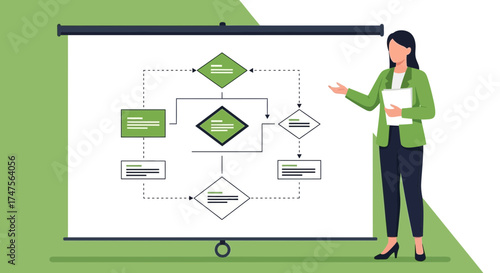 Presenter Explaining Complex Process with Diagram for Business, Creative Presentation