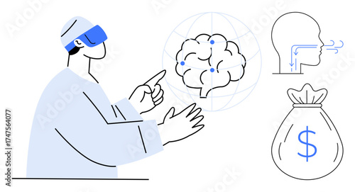 Person using virtual reality headset interacting with AI brain. Nearby, icons for voice recognition and financial success. Ideal for technology, innovation, AI, virtual reality, finance, future