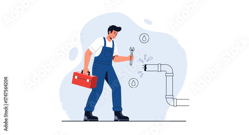 Plumber Fixing Leaking Pipe with Wrench and Toolbox, Vector Illustration