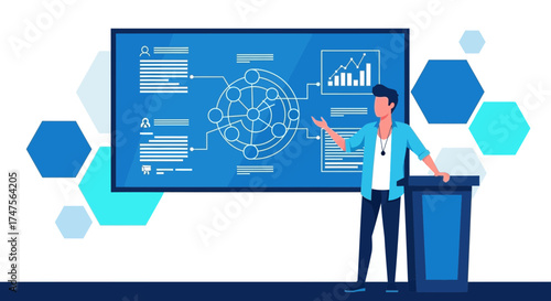 Presenter Gives Presentation Regarding Data Analysis Charts and Technological Diagrams Displayed