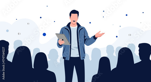 Presenter Giving Exposition In Front Of A Crowd, Sharing Information Seamlessly and Eloquently