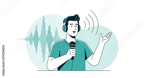 Podcast Illustration Design: Young Man with Microphone Recording or Broadcasting, Abstract