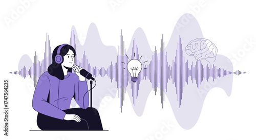 Podcast Illustration of a Person Talking into a Microphone and Idea Creation Concept