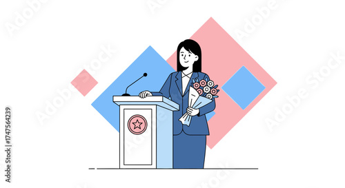 Presenter Holding Flowers Standing Behind Podium with Microphone Ready to Speak Professionally