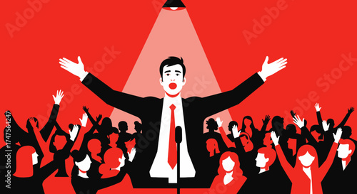 Political rally crowd listening to a charismatic orator in a bold and stylized illustration