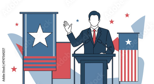 Political leader giving a speech at a podium in a patriotic American setting