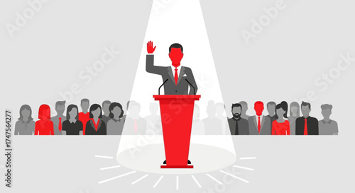 Politician Addressing Supporters Standing on a Podium Under a Spotlight Delivering a Speech