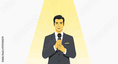 Presenter Holding Microphone Under Bright Spotlight Ready To Deliver a Speech Professionally