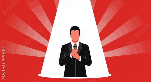 Presenter Holds Microphone Under Spotlight Illustration And Red Background Design Concept